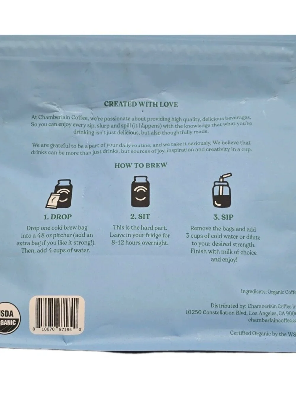 Chamberlain Coffee Cold Brew Elephant Organic Ground Medium Roast 8.5 Oz Bag